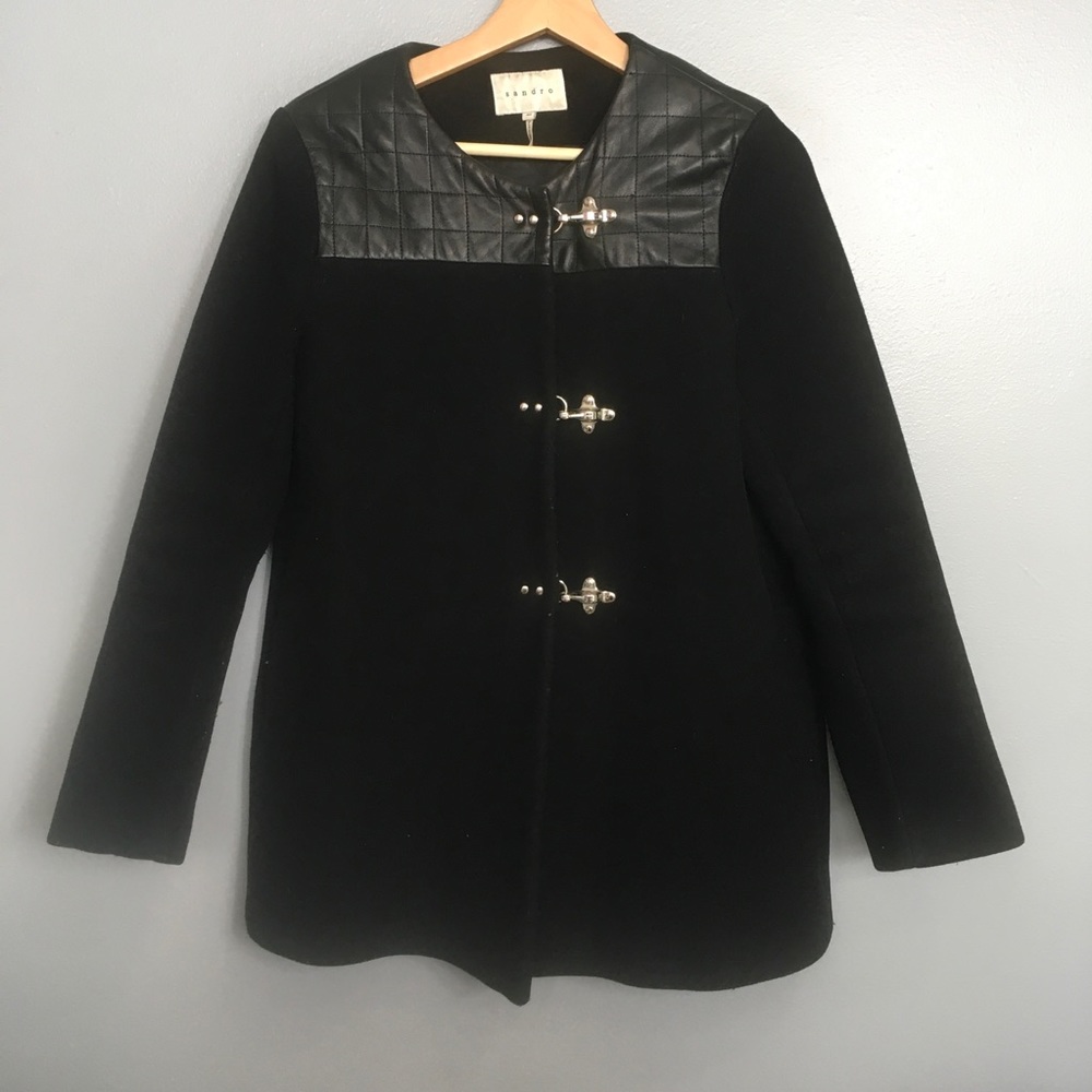 SANDRO | wool & quilted leather black toggle coat